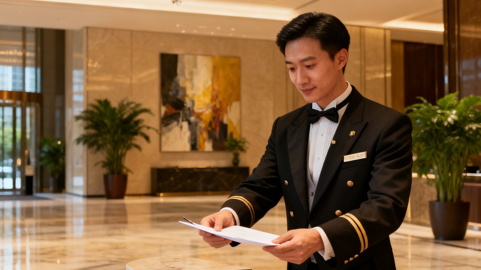 公海贵宾会管家式前台服务场景：身着定制制服的管家正在为来访贵宾办理专属登记，背景为超甲级写字楼典雅大堂，体现尊贵与高效兼具的服务理念。