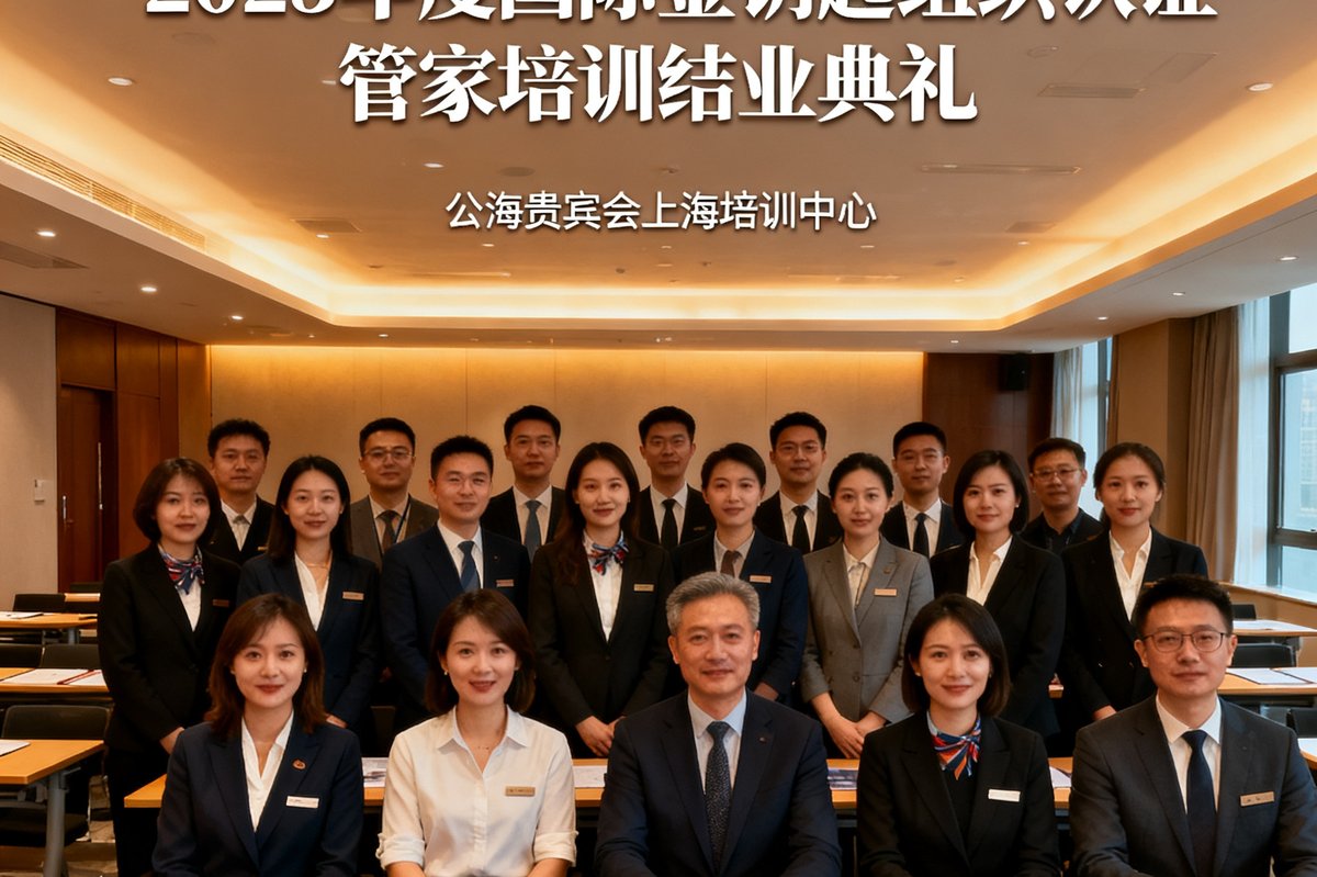 2025年度国际金钥匙组织认证管家培训结业典礼，42名学员在公海贵宾会上海培训中心合影留念。