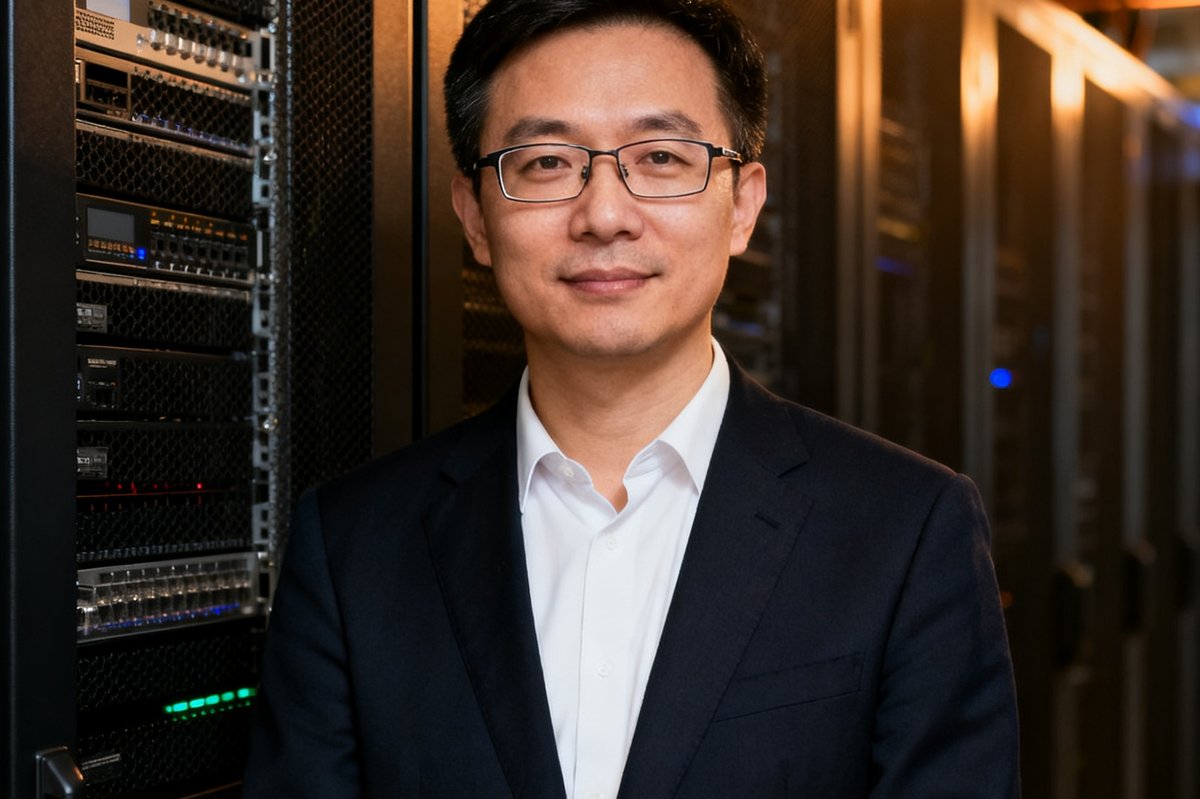 公海贵宾会首席技术官陈思睿博士，戴着眼镜，站在服务器机房前，展现其深厚的技术背景和严谨的专业态度。